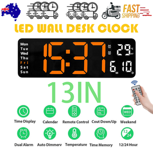13" Orange Large Digital LED Wall Clock | Temperature Calendar Display