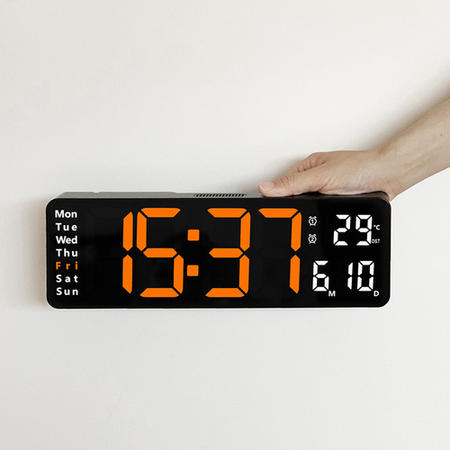 13" Orange Large Digital LED Wall Clock | Temperature Calendar Display
