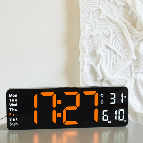 13" Orange Large Digital LED Wall Clock | Temperature Calendar Display