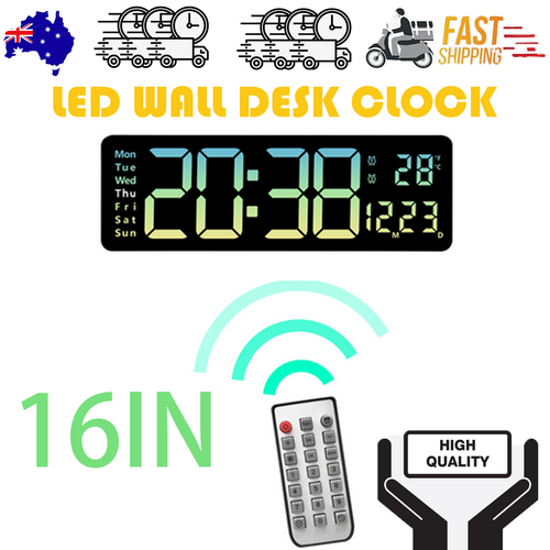 16" Green Gradient Color Large Digital LED Wall Clock | Temperature Calendar Display