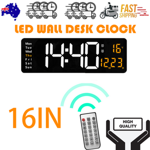 16" Orange Large Digital LED Wall Clock | Temperature Calendar Display