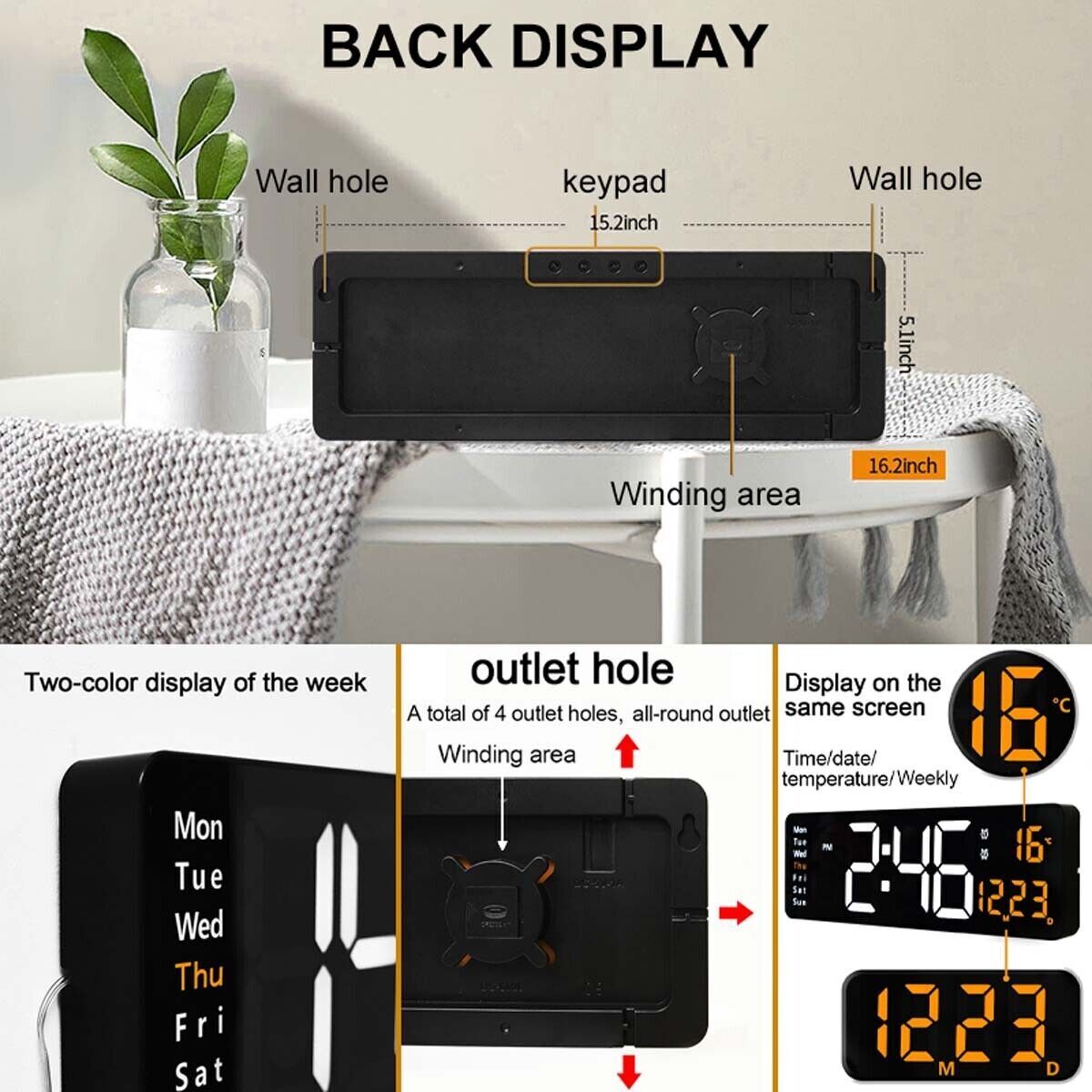 16" Orange Large Digital LED Wall Clock | Temperature Calendar Display