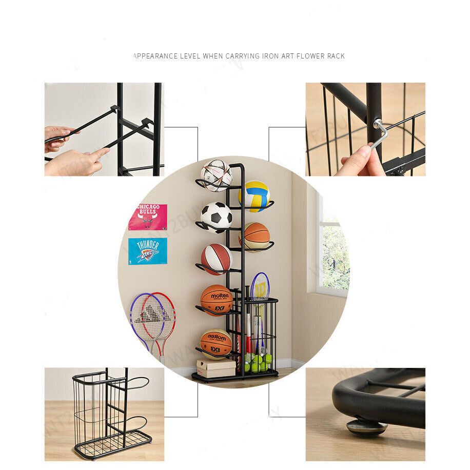 Basketball Soccer Storage Rack | Sport Ball Organizer | Ball Holder Display Stand | With Basket