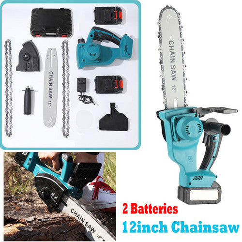 Electric Chainsaw | 12" Cordless | Brushless Wood Cutter | 2 Batteries + 2 Chains Included