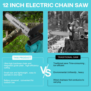 Electric Chainsaw | 12" Cordless | Brushless Wood Cutter | 2 Batteries + 2 Chains Included