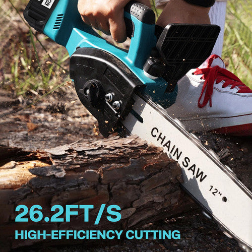 Electric Chainsaw | 12" Cordless | Brushless Wood Cutter | 2 Batteries + 2 Chains Included