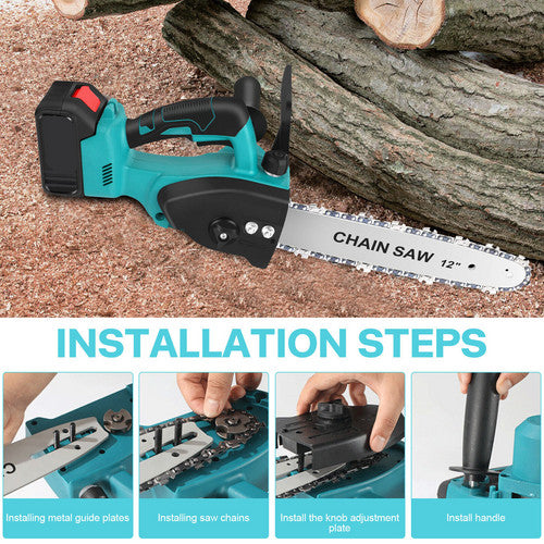 Electric Chainsaw | 12" Cordless | Brushless Wood Cutter | 2 Batteries + 2 Chains Included