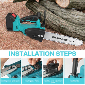 Electric Chainsaw | 12" Cordless | Brushless Wood Cutter | 2 Batteries + 2 Chains Included