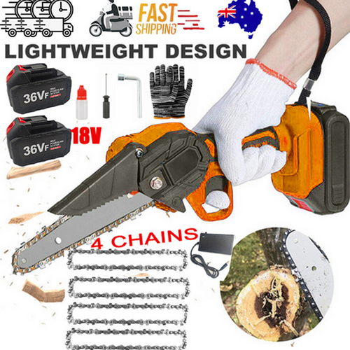 6" Mini Orange Cordless Electric Chainsaw | 2X Battery-Powered Wood Cutter | Rechargeable