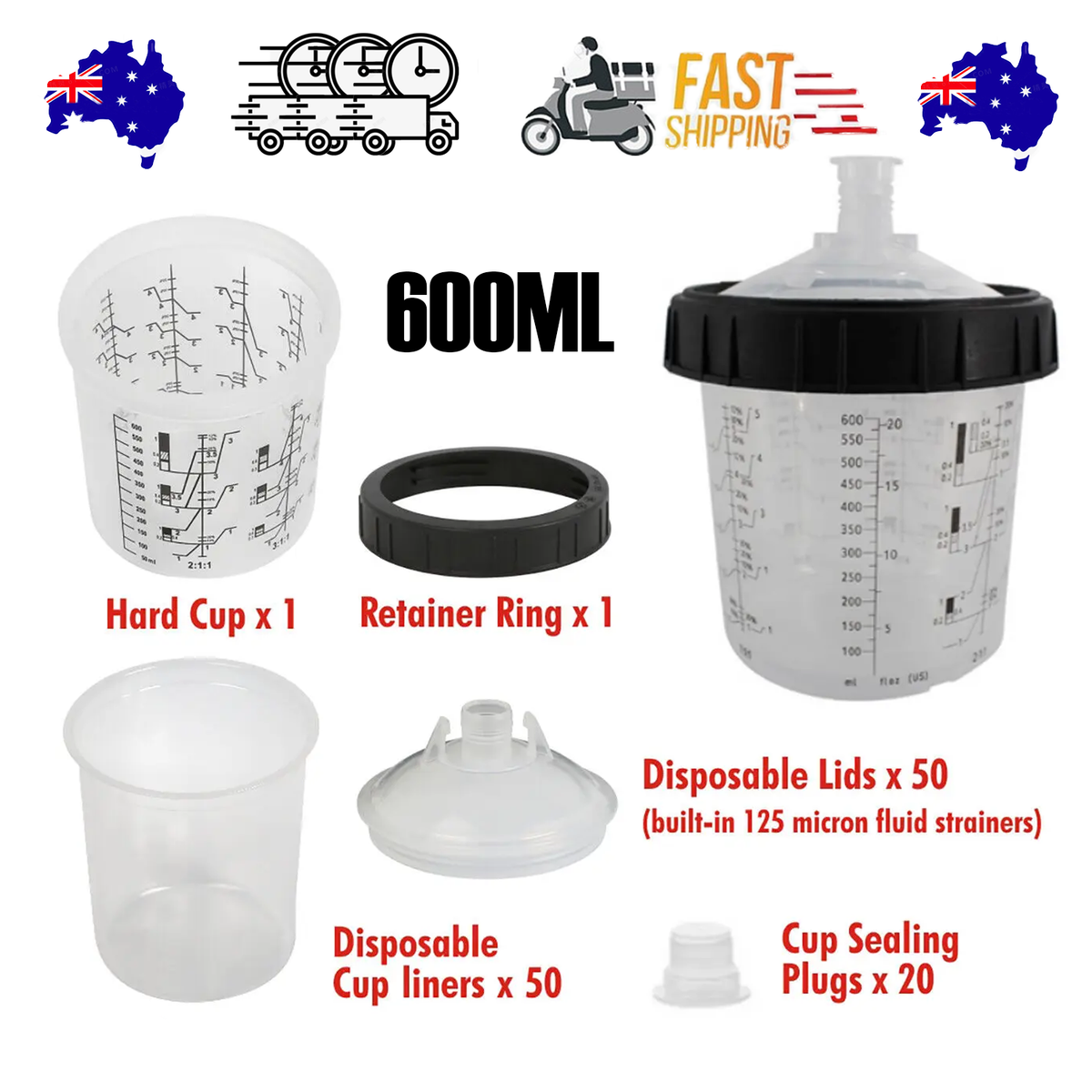 Paint Spray Gun Cup Kit | 50 Sets | Lids & Liners | Micron Filter | 600ML | Clear
