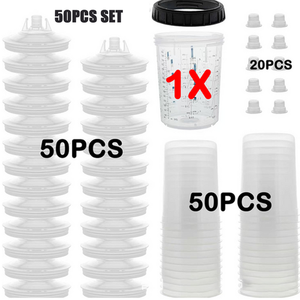 Paint Spray Gun Cup Kit | 50 Sets | Lids & Liners | Micron Filter | 600ML | Clear