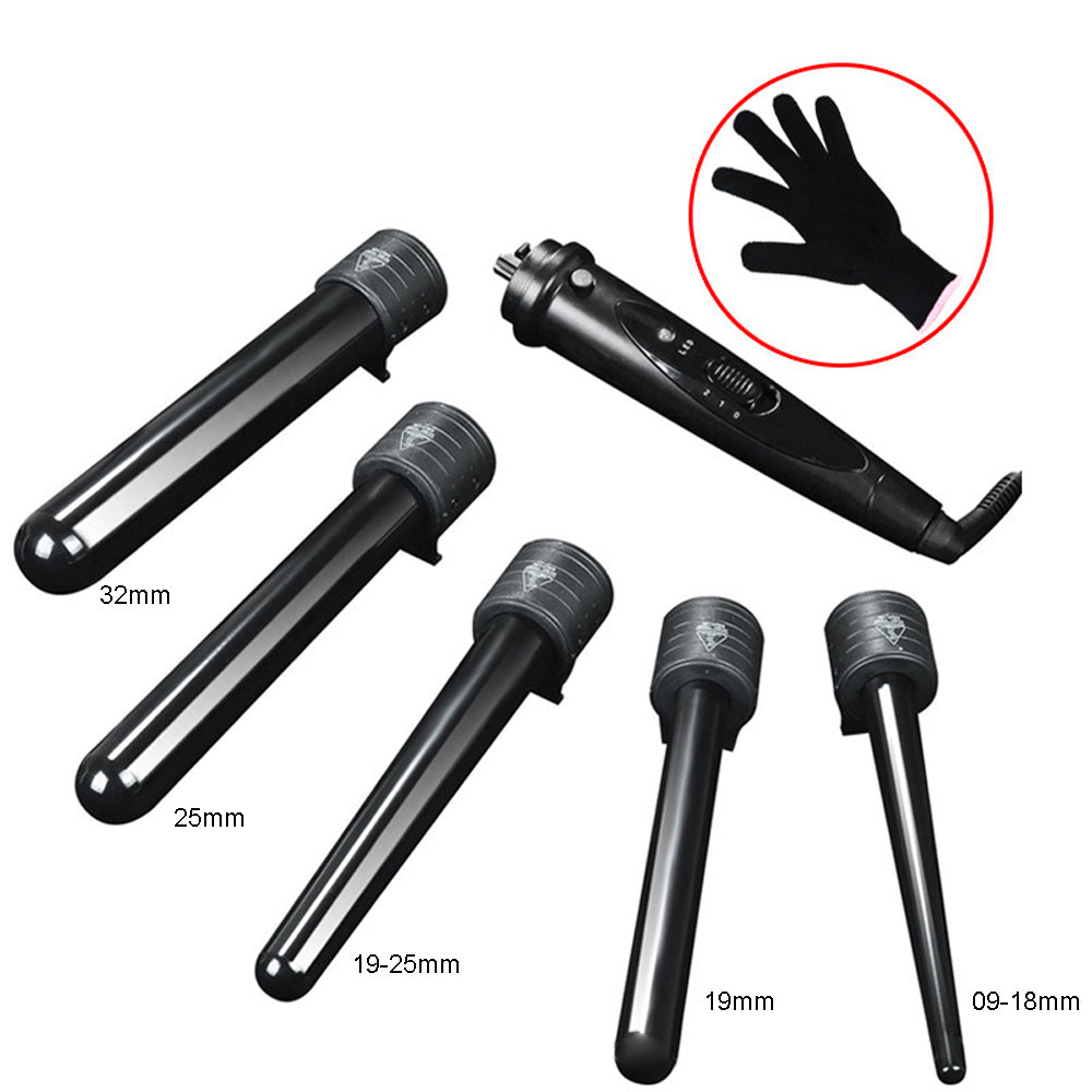5 in 1 Hair Curler Wand Set | Ceramic Styling Curling Iron | Roller Barrel | LED + Glove