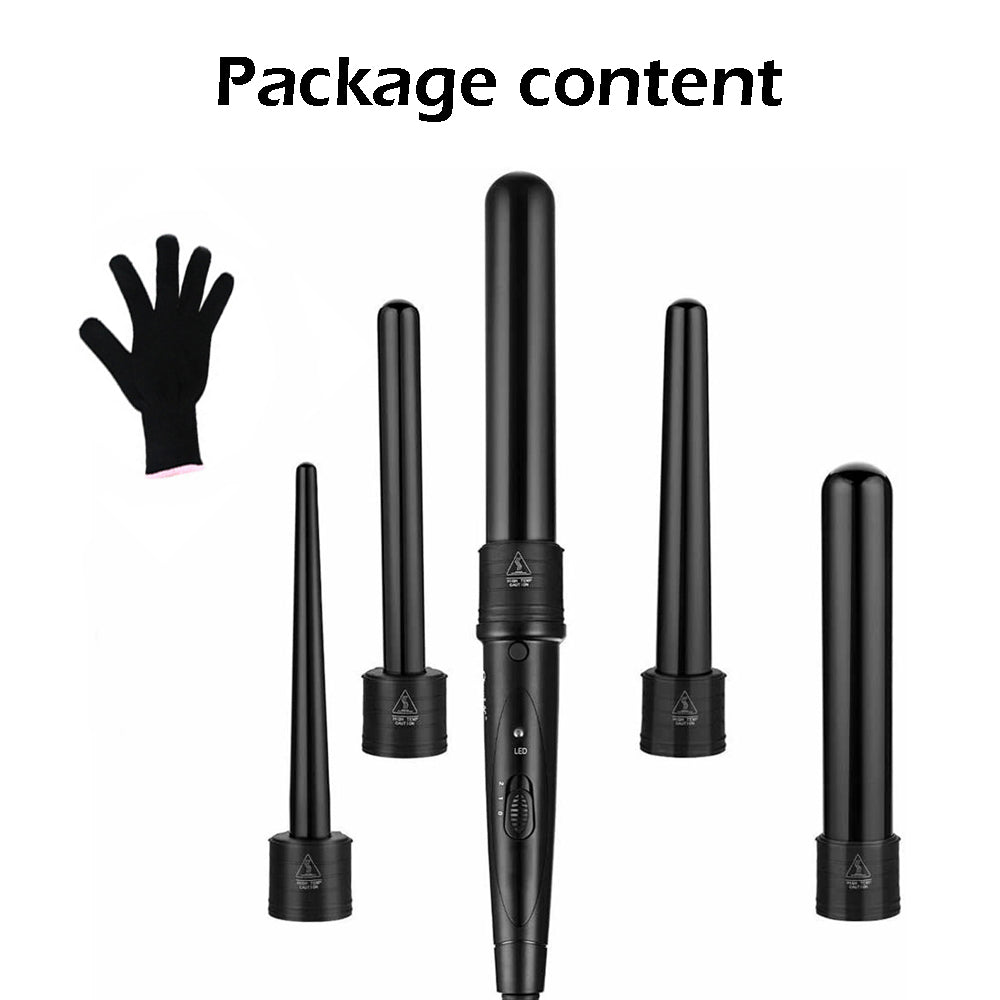 5 in 1 Hair Curler Wand Set | Ceramic Styling Curling Iron | Roller Barrel | LED + Glove