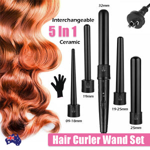 5 in 1 Hair Curler Wand Set | Ceramic Styling Curling Iron | Roller Barrel | LED + Glove