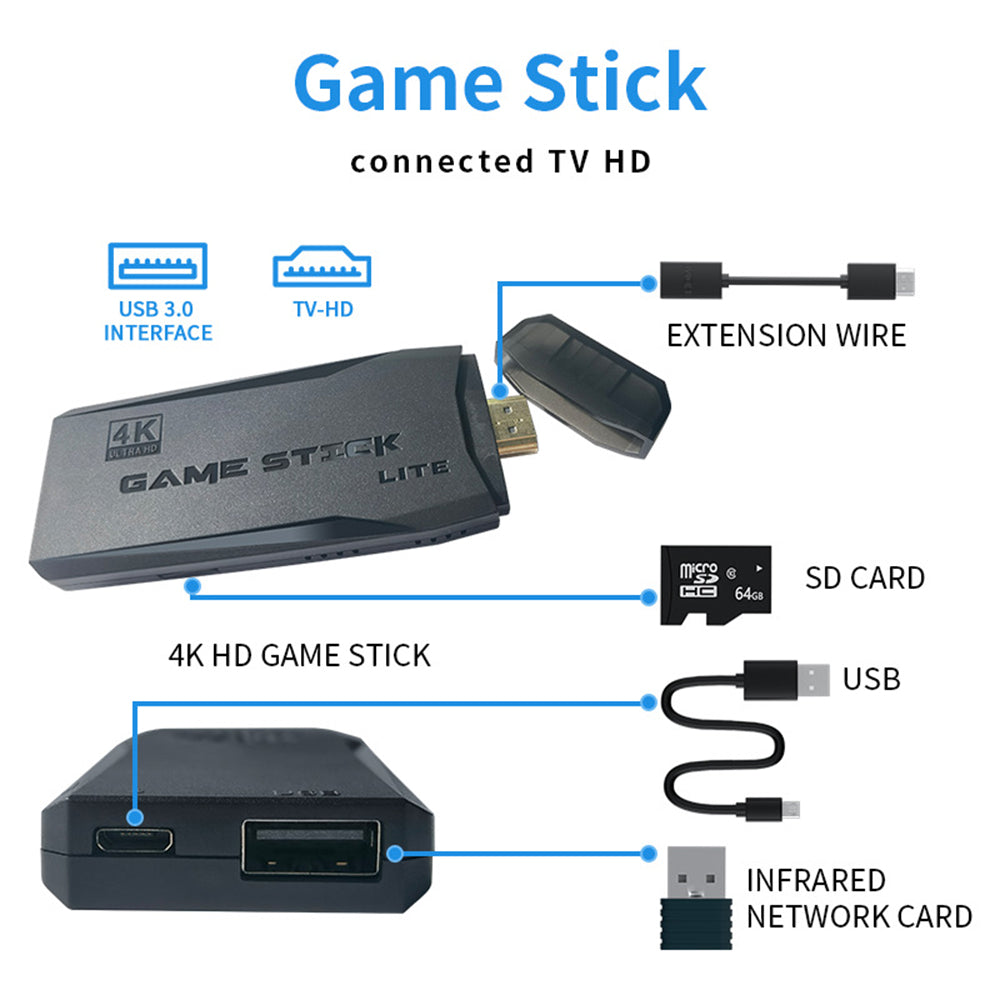 64G 4K Retro Video Game Stick | 10,000+ Games | HDMI Console | 2 Wireless Controllers