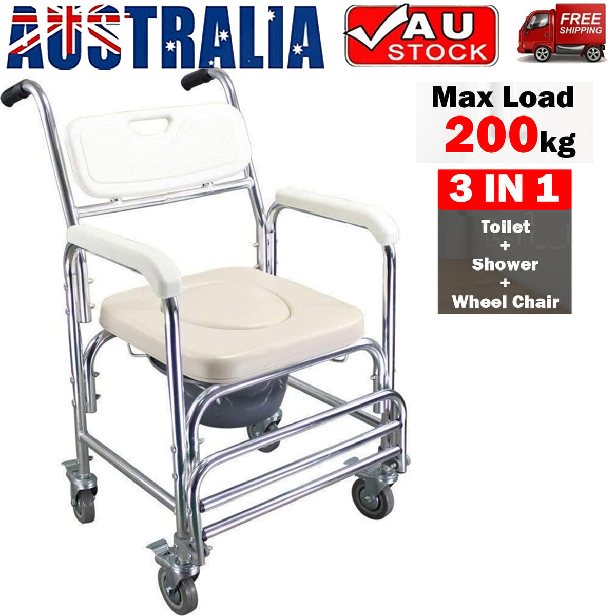 Mobile Shower Toilet Commode Chair | Bathroom Aluminum | Bedside Footrest | Wheelchair