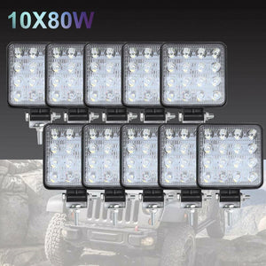 10PCS 80W CREE FLOOD LED Work Lights | 12V | Boat Camping Square 4 Inch Bar