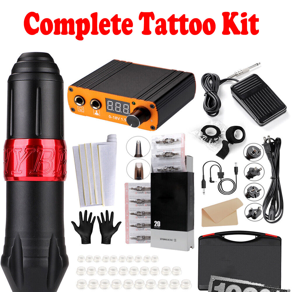 Complete Tattoo Kit | Rotary Tattoo Pen | 8 Inks | 40 Needles | Practice Skin | AU-PLUG