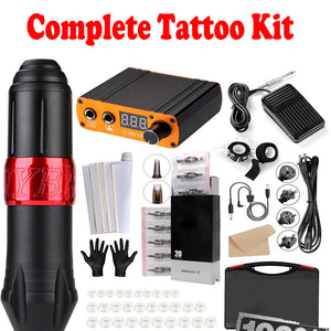 Complete Tattoo Kit | Rotary Tattoo Pen | 8 Inks | 40 Needles | Practice Skin | AU-PLUG