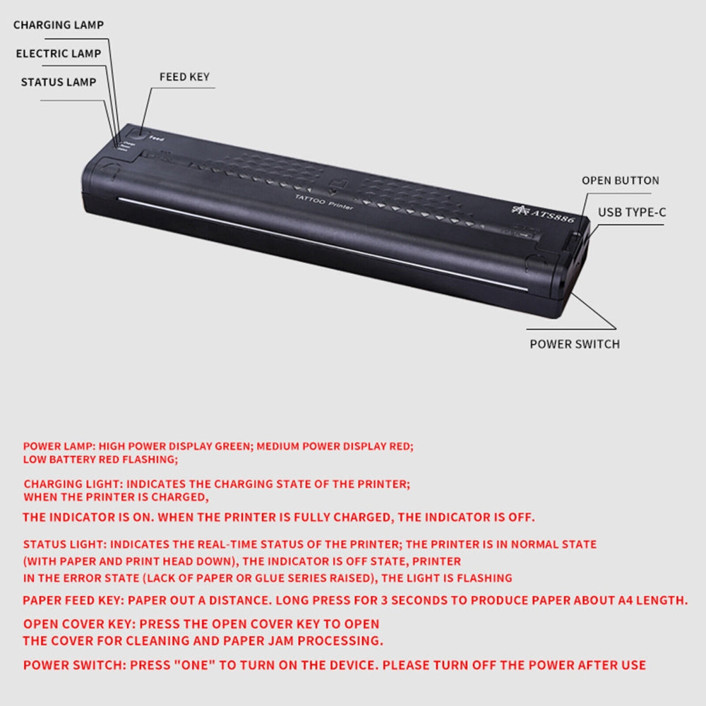 Wireless Tattoo Transfer Printer | Portable Machine | Clear Transfer Stencil Printer | Black