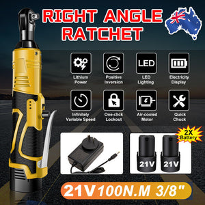 21V 3/8" 100N.m Electric Right Angle Ratchet Wrench | Charger + 2 Batteries
