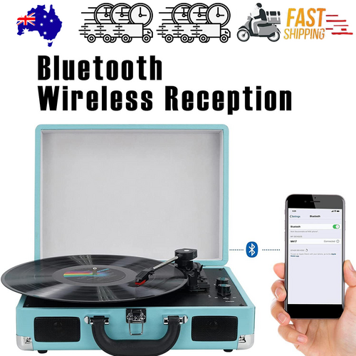 Blue Retro Vinyl Record Player | Briefcase Turntable | 3 Speed | Stereo Christmas Gift