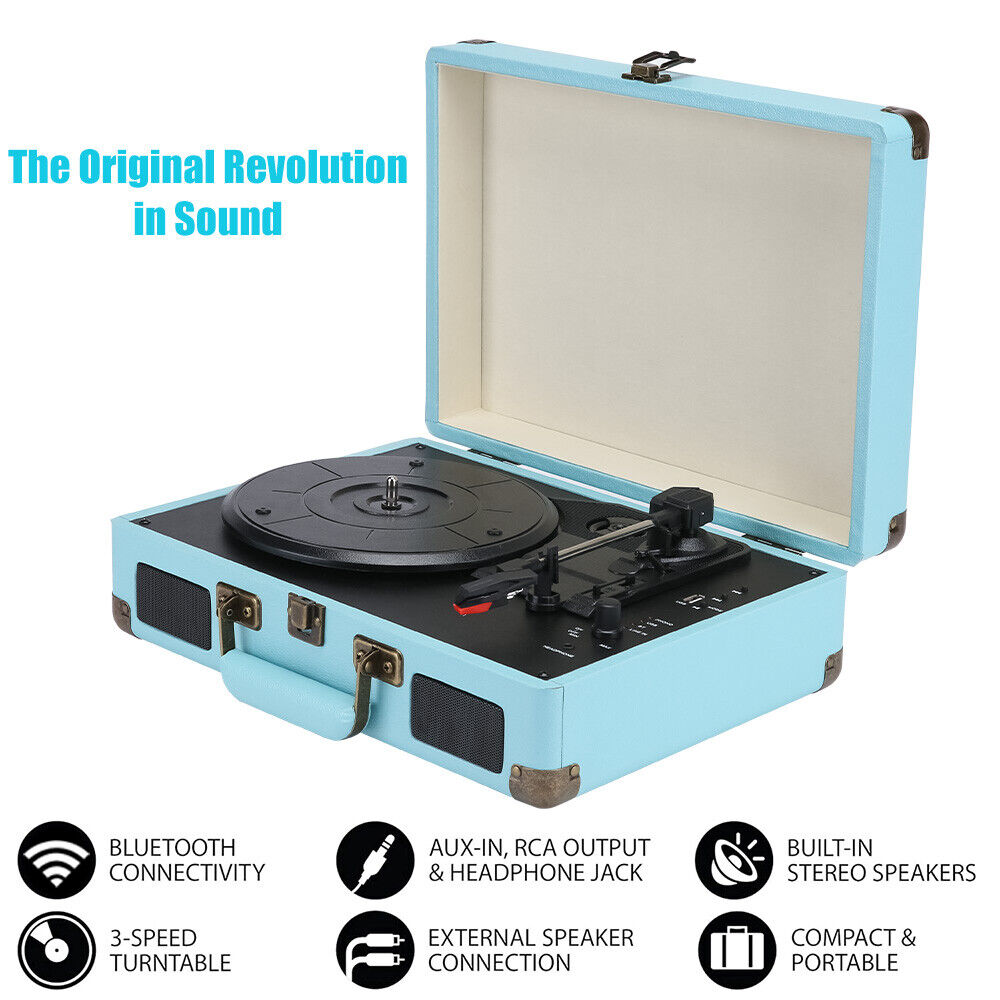 Blue Retro Vinyl Record Player | Briefcase Turntable | 3 Speed | Stereo Christmas Gift