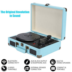Blue Retro Vinyl Record Player | Briefcase Turntable | 3 Speed | Stereo Christmas Gift