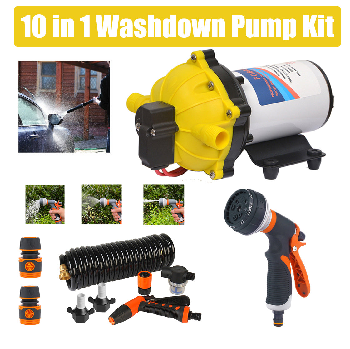 6.6GPM Washdown Pump Kit | 12V Wash Pump | Hose Nozzle | Caravan RV Marine Boat