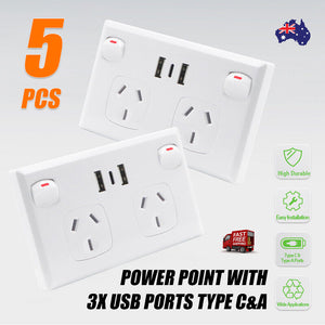5PCS Double Power Point Dual USB + Type-C GPO | Fast Charge 3.6 Amp Wall Outlet