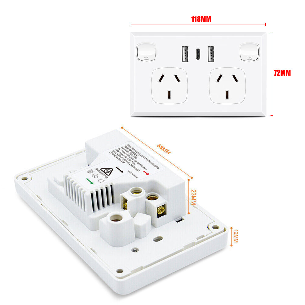 5PCS Double Power Point Dual USB + Type-C GPO | Fast Charge 3.6 Amp Wall Outlet