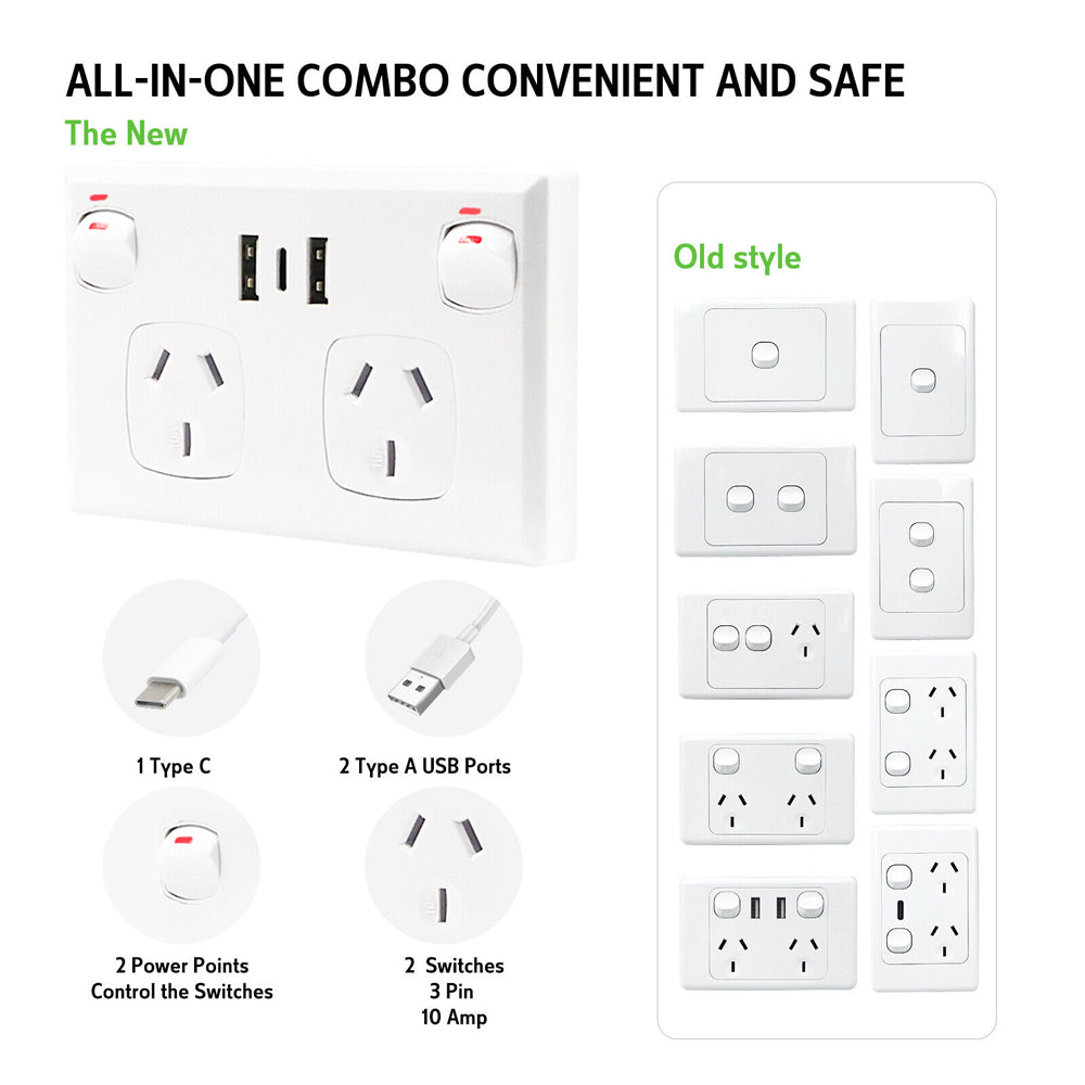 5PCS Double Power Point Dual USB + Type-C GPO | Fast Charge 3.6 Amp Wall Outlet