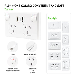 5PCS Double Power Point Dual USB + Type-C GPO | Fast Charge 3.6 Amp Wall Outlet