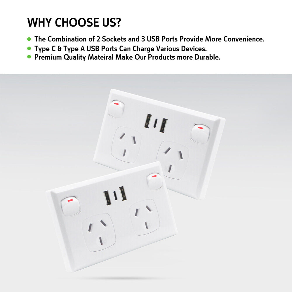 5PCS Double Power Point Dual USB + Type-C GPO | Fast Charge 3.6 Amp Wall Outlet