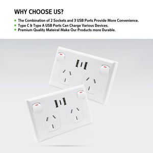 5PCS Double Power Point Dual USB + Type-C GPO | Fast Charge 3.6 Amp Wall Outlet