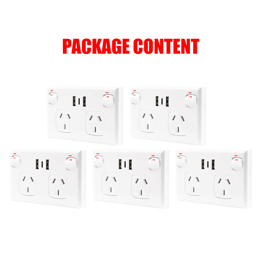 5PCS Double Power Point Dual USB + Type-C GPO | Fast Charge 3.6 Amp Wall Outlet