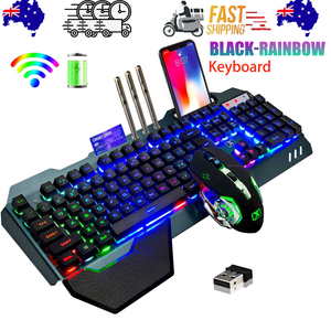 104 Keys Wireless Gaming Keyboard Mouse Set | Mouse Pad Included | RGB LED Backlit | PC/Laptop | Black-Rainbow
