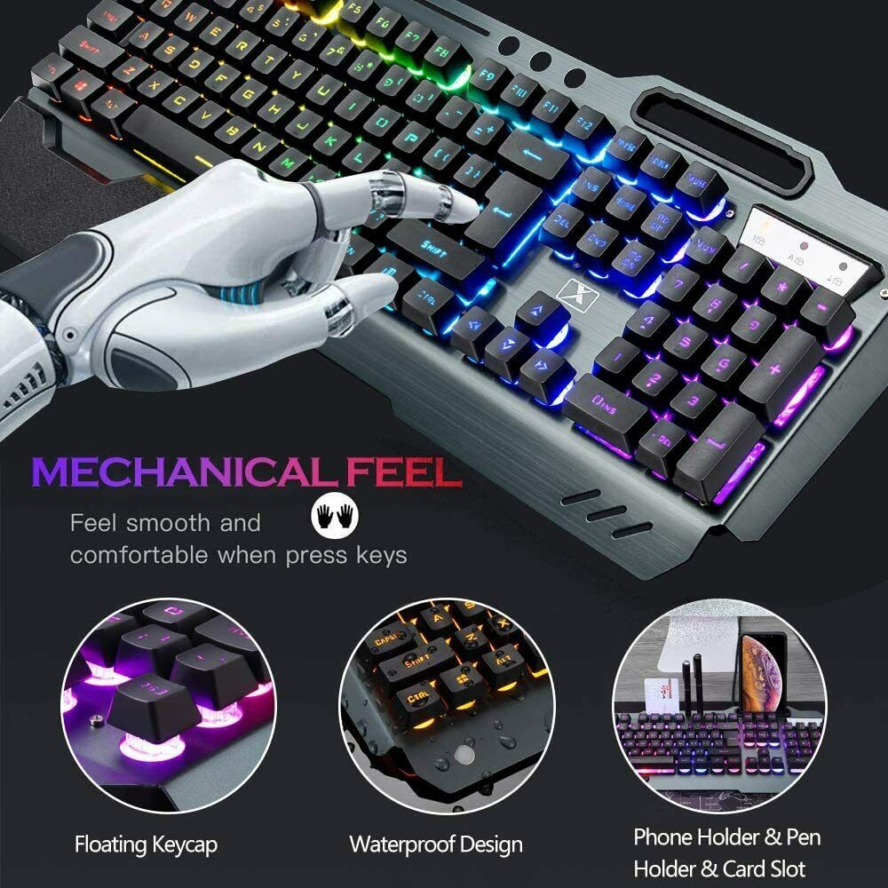 104 Keys Wireless Gaming Keyboard Mouse Set | Mouse Pad Included | RGB LED Backlit | PC/Laptop | Black-Rainbow