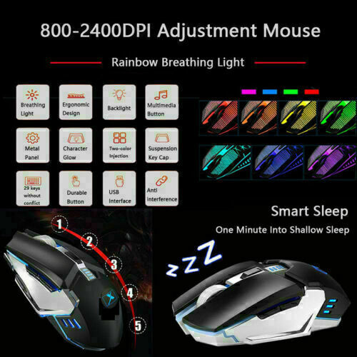 104 Keys Wireless Gaming Keyboard Mouse Set | Mouse Pad Included | RGB LED Backlit | PC/Laptop | Black-Rainbow