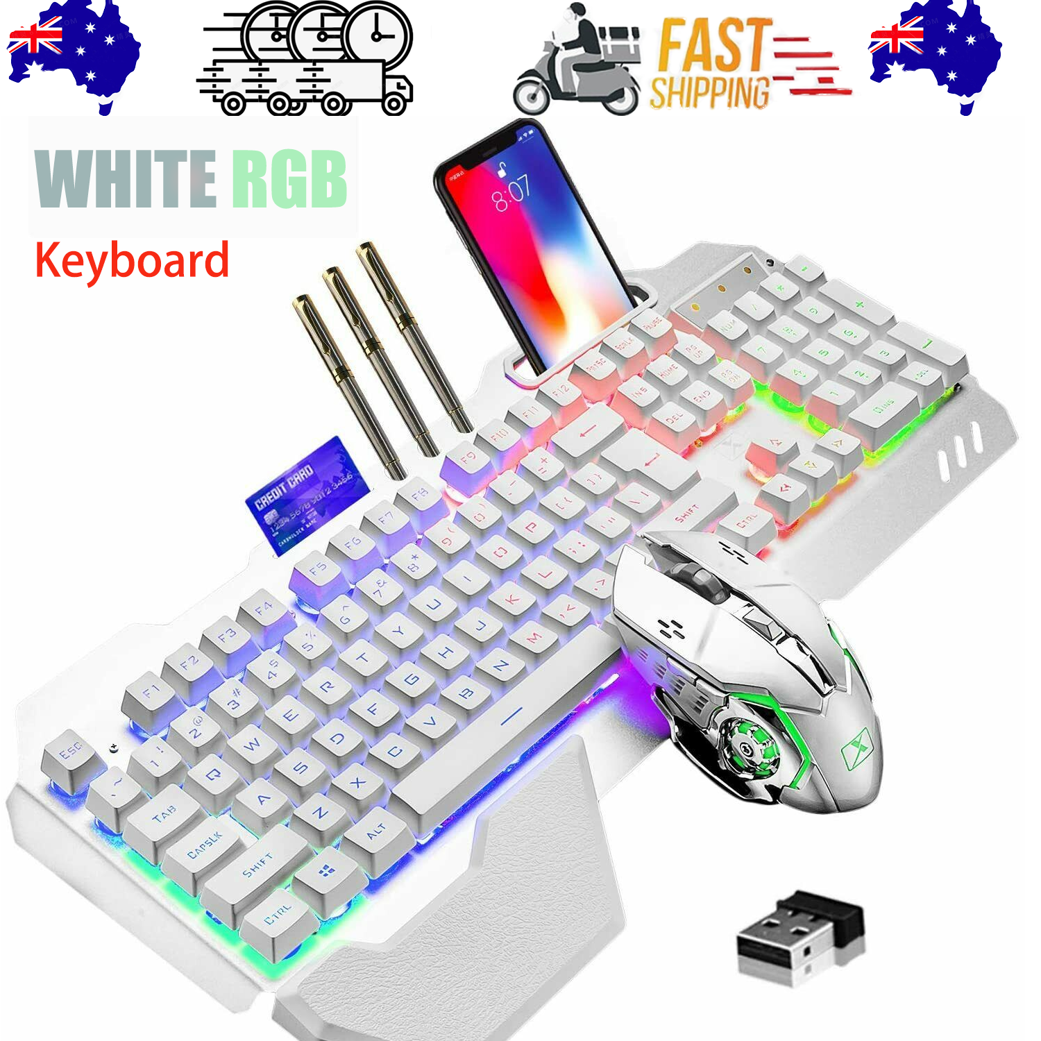 104 Keys Wireless Gaming Keyboard Mouse Set | Mouse Pad Included | RGB LED Backlit | PC/Laptop | White-RGB