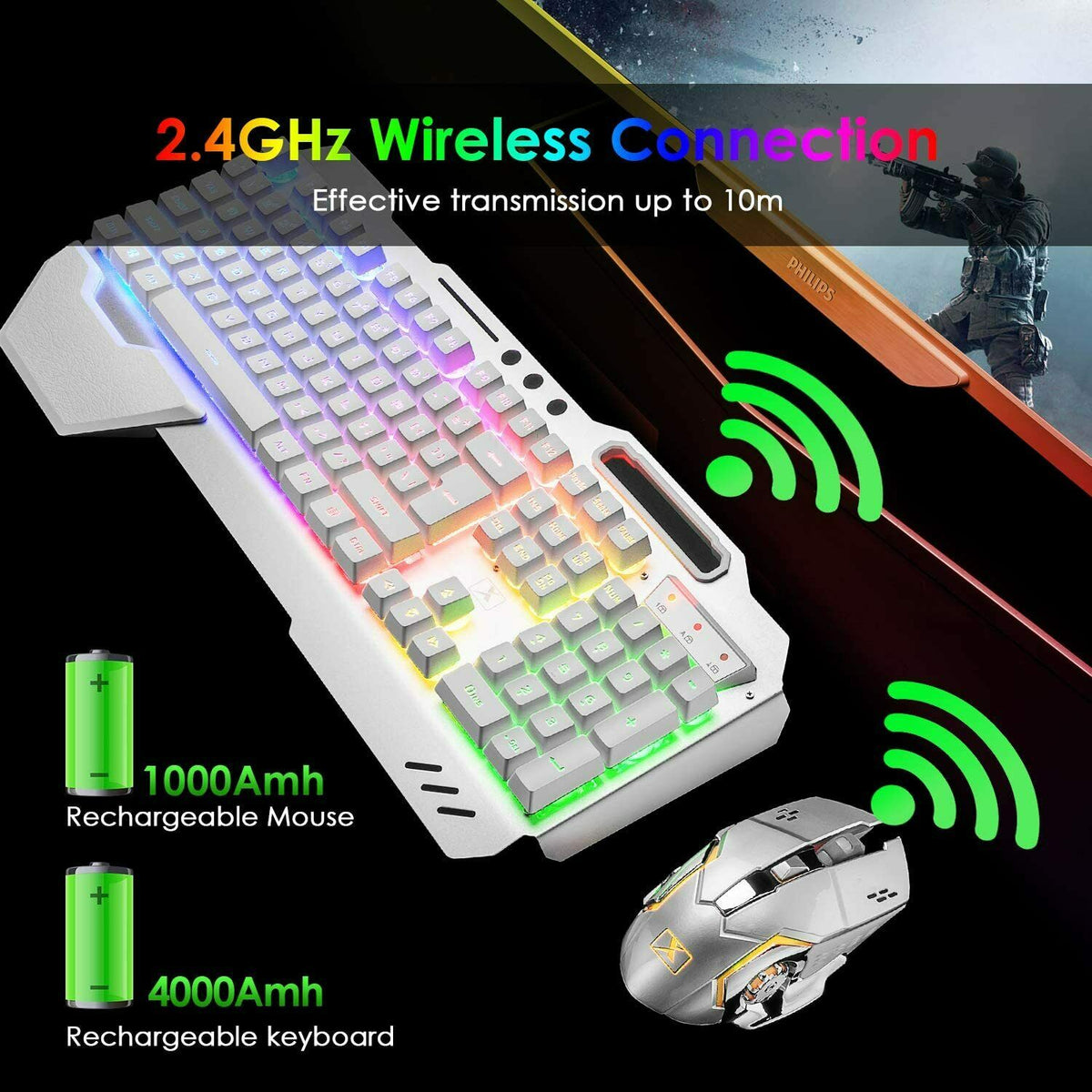 104 Keys Wireless Gaming Keyboard Mouse Set | Mouse Pad Included | RGB LED Backlit | PC/Laptop | White-RGB