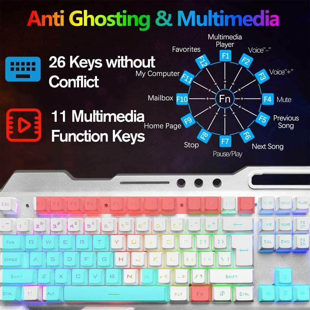 104 Keys Wireless Gaming Keyboard Mouse Set | Mouse Pad Included | RGB LED Backlit | PC/Laptop | White-RGB