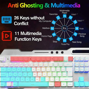 104 Keys Wireless Gaming Keyboard Mouse Set | Mouse Pad Included | RGB LED Backlit | PC/Laptop | White-RGB