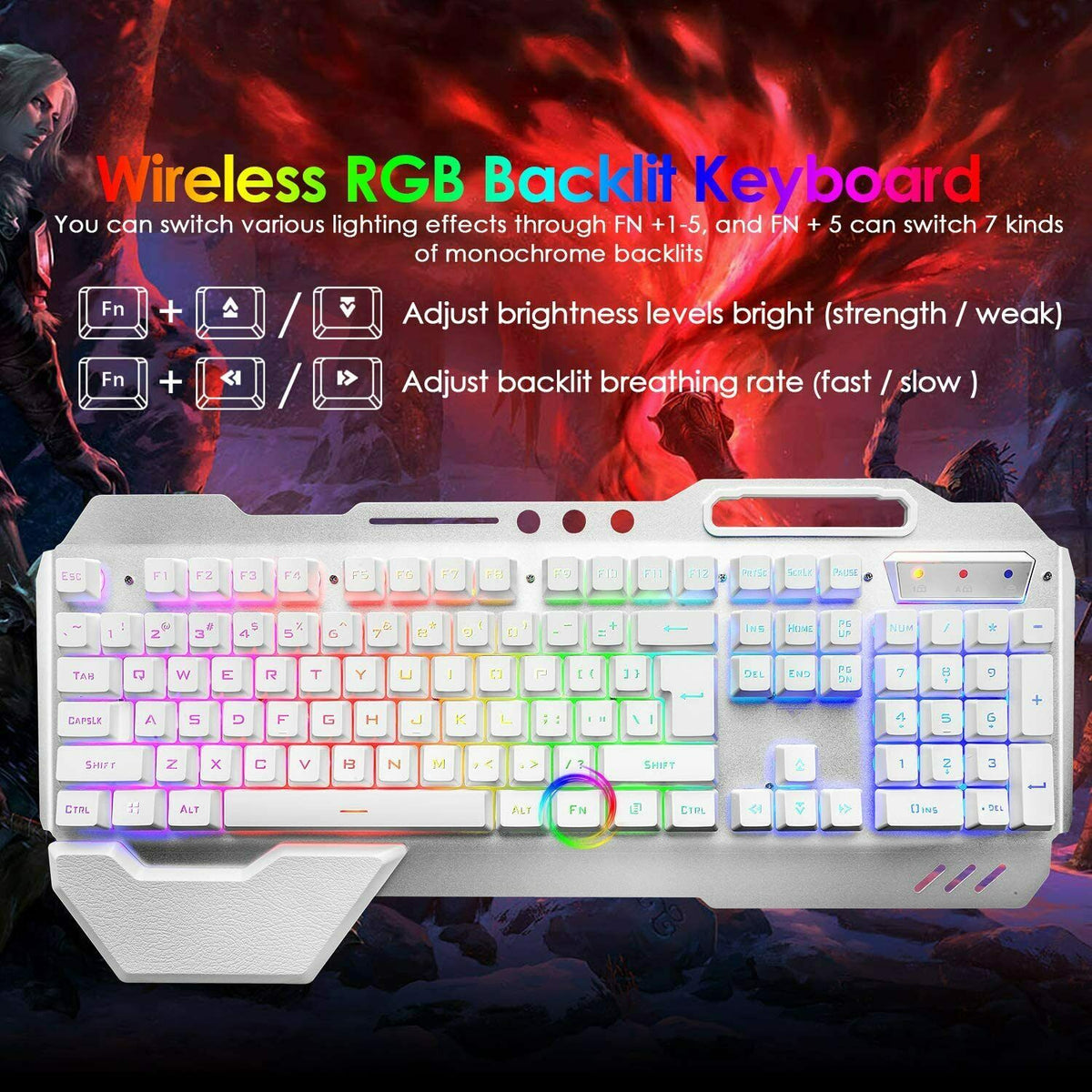 104 Keys Wireless Gaming Keyboard Mouse Set | Mouse Pad Included | RGB LED Backlit | PC/Laptop | White-RGB