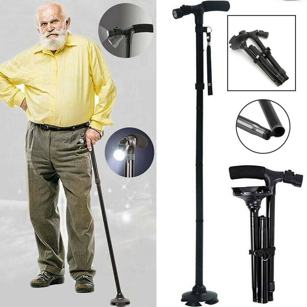 Walking Stick Cane | Folding Handle Adjustable | Fixed LED Light Aid Holder | Lighting