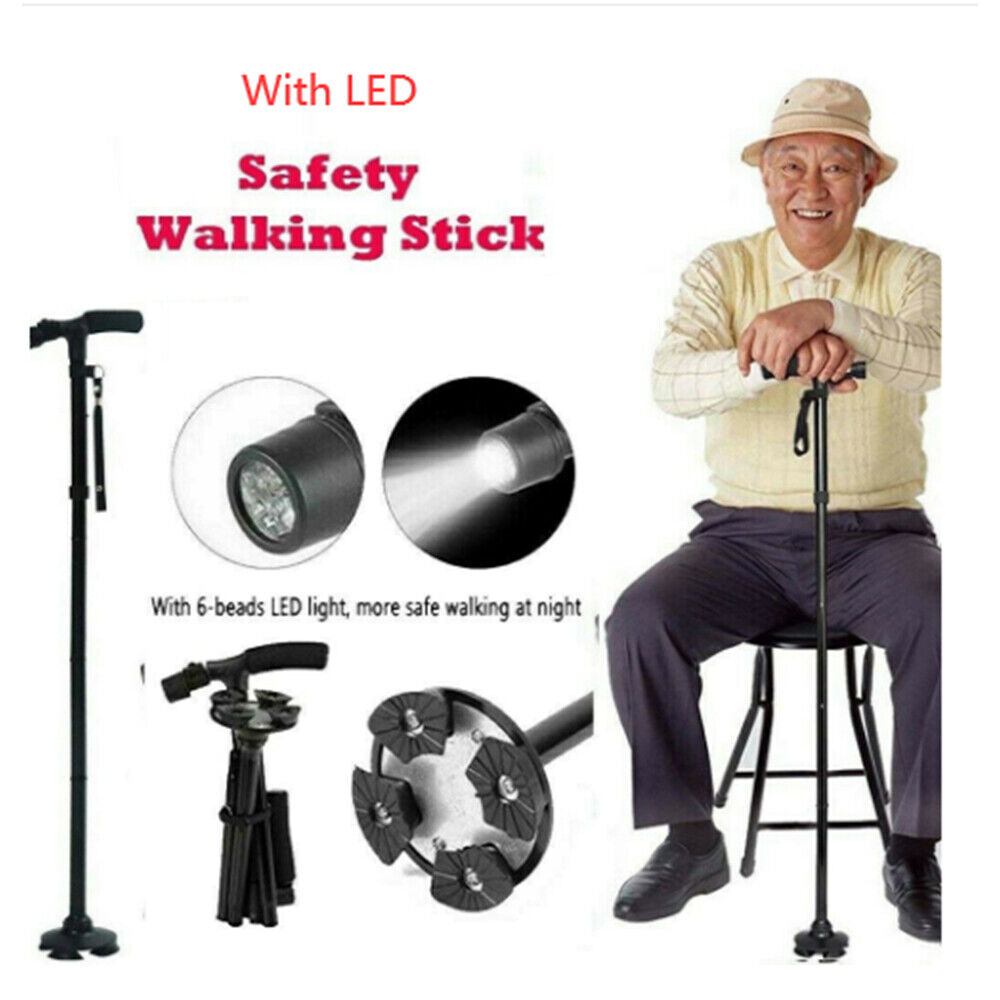 Walking Stick Cane | Folding Handle Adjustable | Fixed LED Light Aid Holder | Lighting
