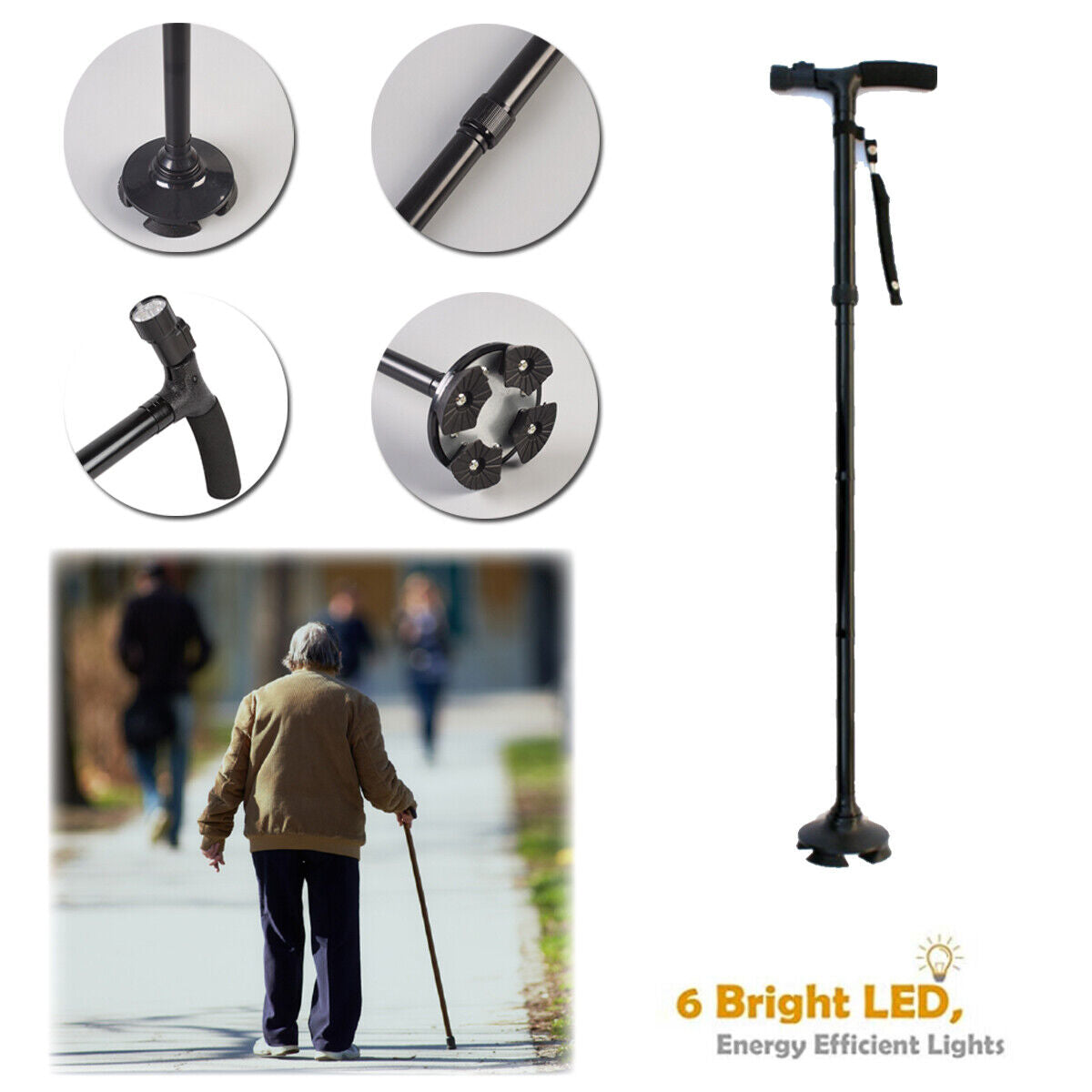 Walking Stick Cane | Folding Handle Adjustable | Fixed LED Light Aid Holder | Lighting