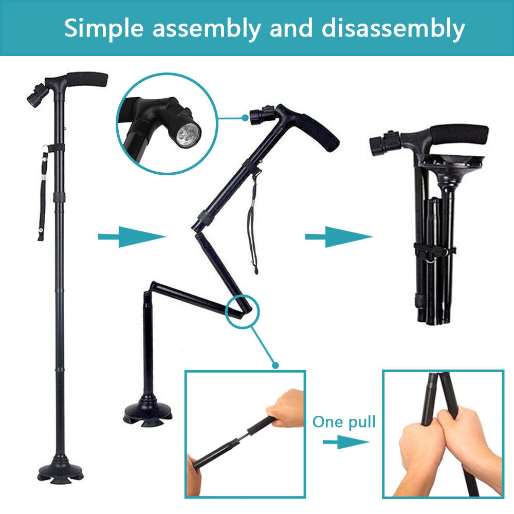 Walking Stick Cane | Folding Handle Adjustable | Fixed LED Light Aid Holder | Lighting