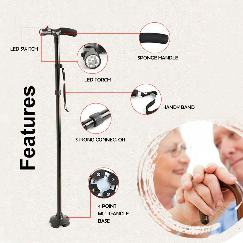 Walking Stick Cane | Folding Handle Adjustable | Fixed LED Light Aid Holder | Lighting