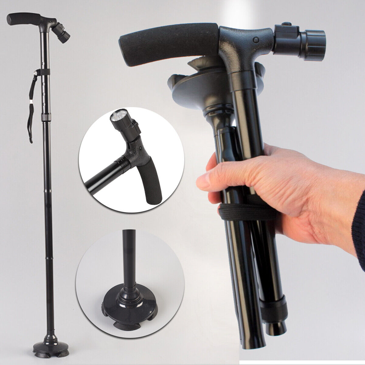 Walking Stick Cane | Folding Handle Adjustable | Fixed LED Light Aid Holder | Lighting